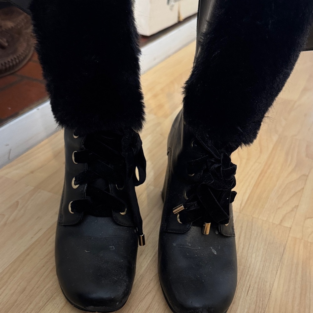 Nanette Lepore Black Lace Up Fur Boots